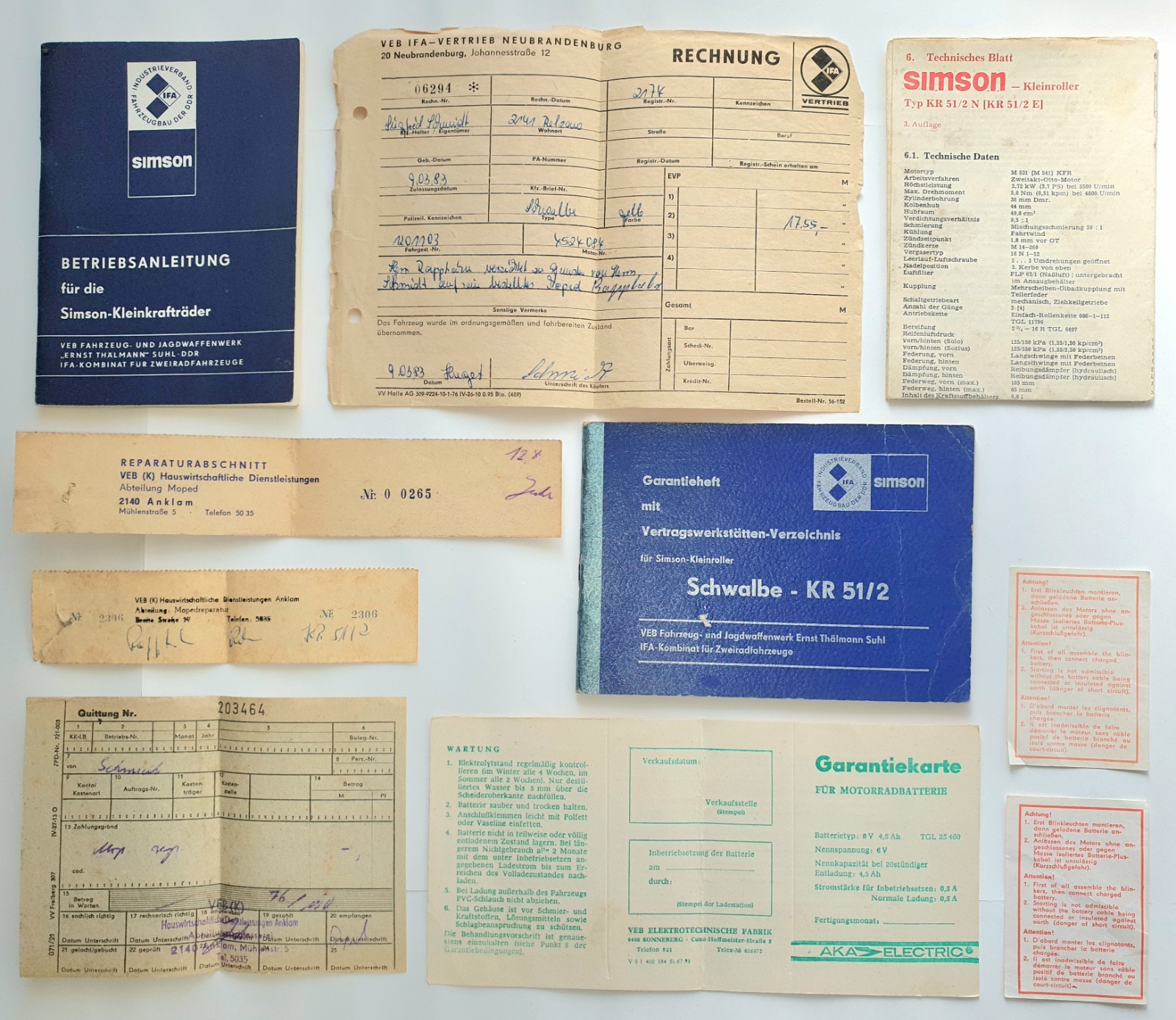 Simson Schwalbe Documents 1983: operating instructions, warranty booklet, technical Sheet Simson Schwalbe Documents 1983: operating instructions, warranty booklet, technical Sheet