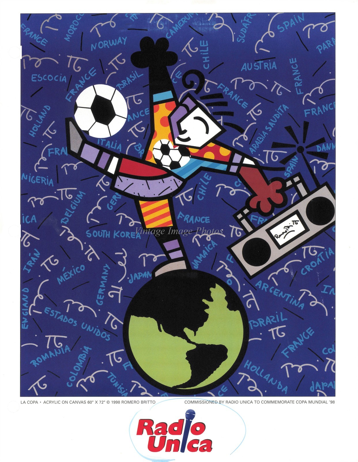 1998 Radio Unica Romero Britto Copa Mundial Art Photo 8X10