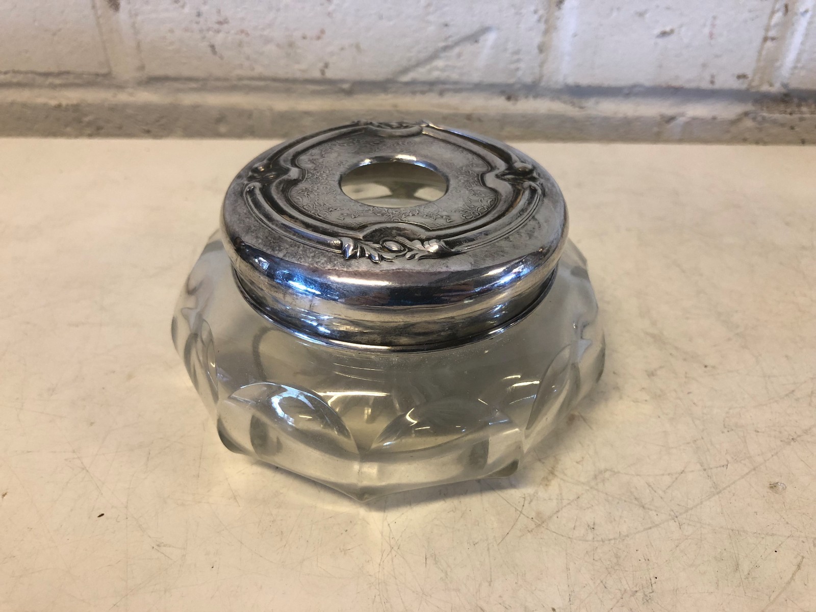 Vintage Possibly Antique Silverplate and Glass Hair Receiver with Floral Dec. Vintage Possibly Antique Silverplate and Glass Hair Receiver with Floral Dec.