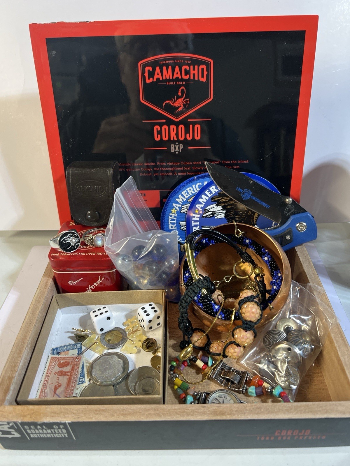 Vintage Mixed Lot Knife Coins Marbles Jewelry Watch Stamps Camacho Cigar Box S15