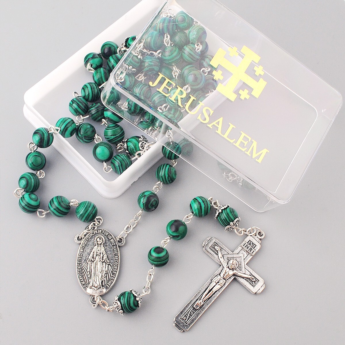 Catholic Jerusalem Rosary Necklace Malachite beads Miraculous Medal and Cross Catholic Jerusalem Rosary Necklace Malachite beads Miraculous Medal and Cross