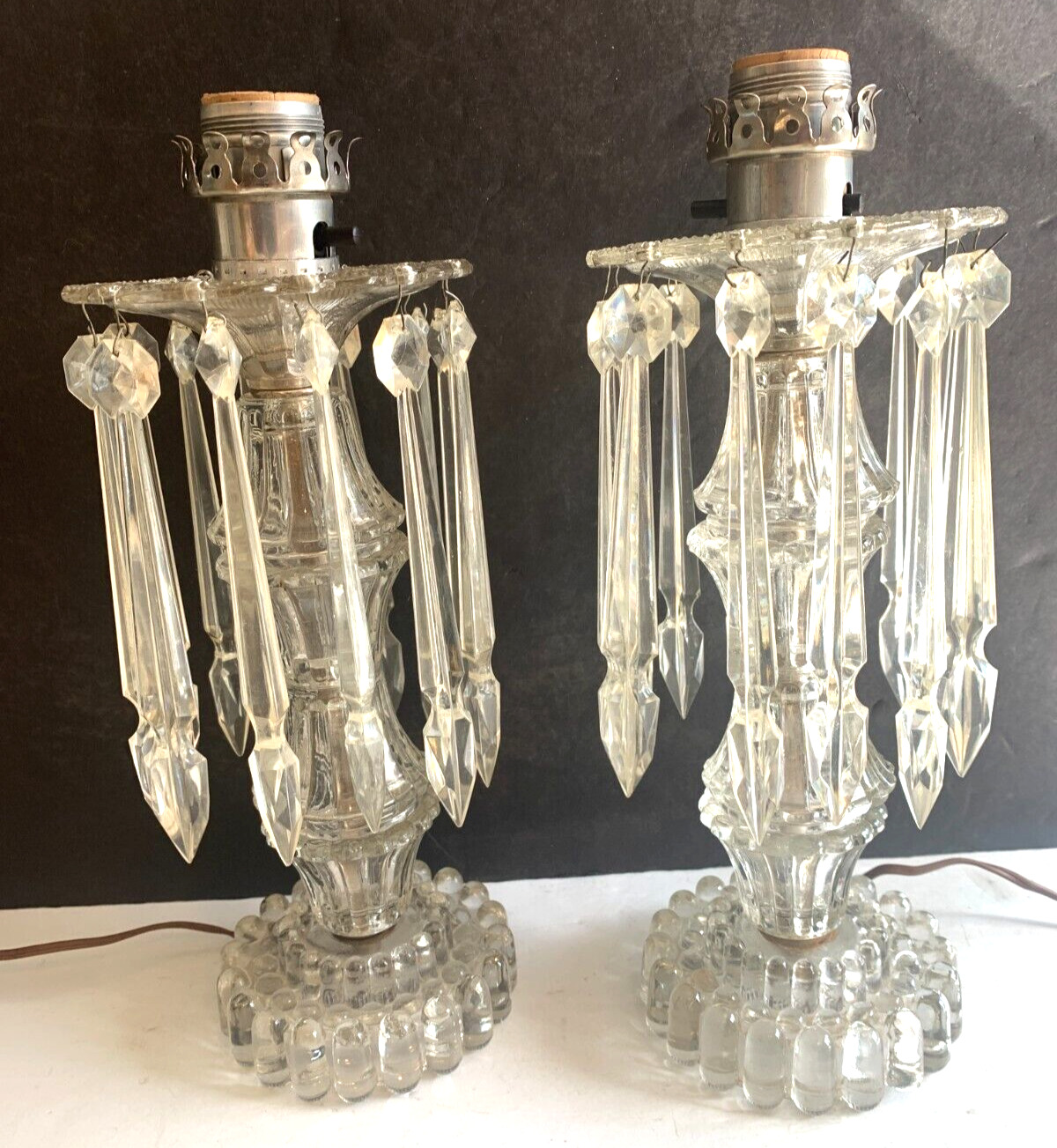 Vintage MCM Cut Glass Regency Boudoir Table Lamps Hanging Spear Prisms PAIR