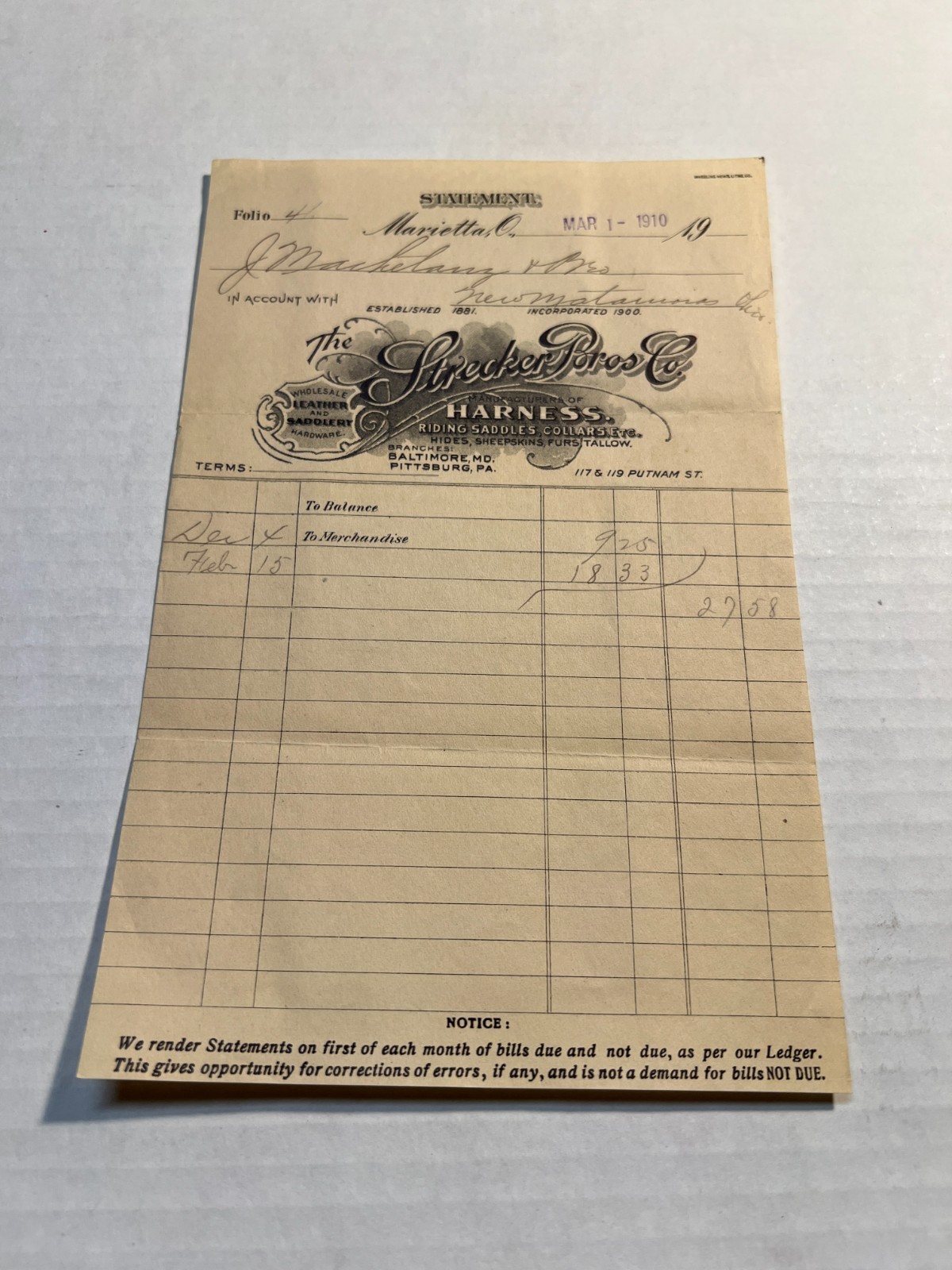 March 1910 Strekler Bros Harness Riding Saddles Collars Billhead Marietta OH