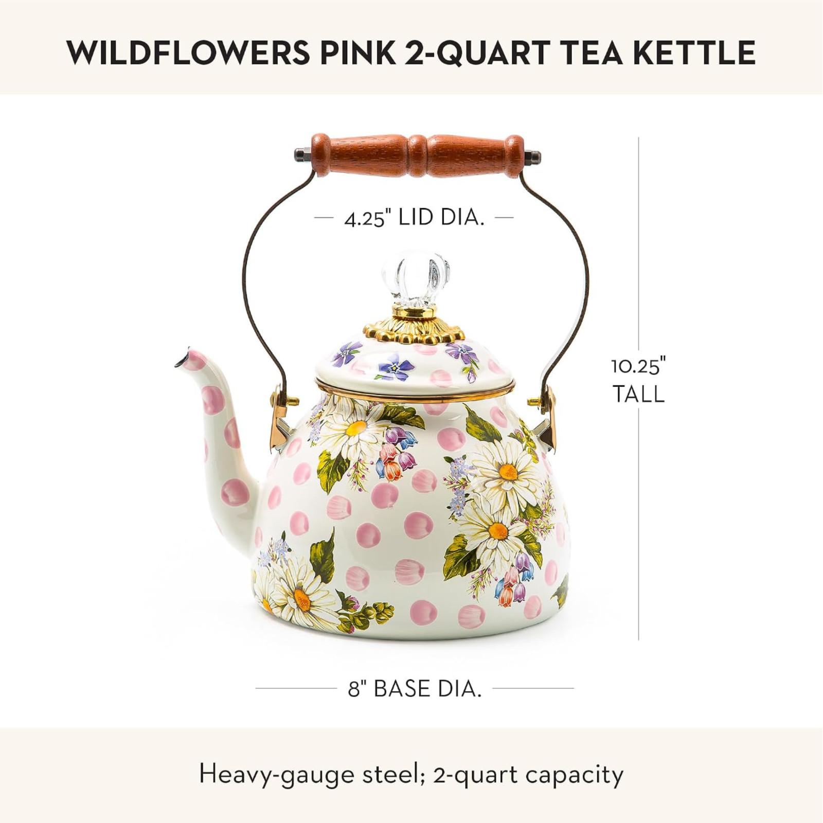 MacKenzie-Childs Wildflowers Pink Tea Kettle Floral Enamel