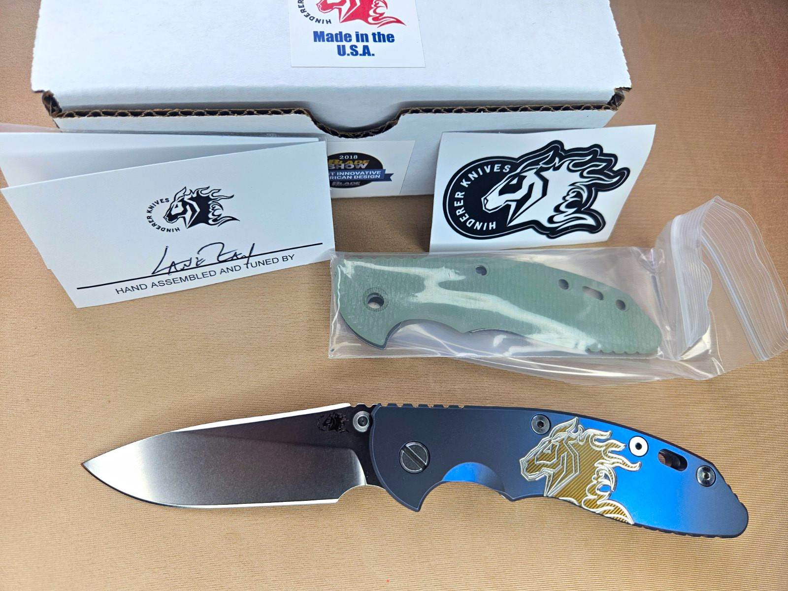 Hinderer Knives XM-18 3.5 Blue Titanium Frame Lock Drop Point Plain Edge Hinderer Knives XM-18 3.5 Blue Titanium Frame Lock Drop Point Plain Edge