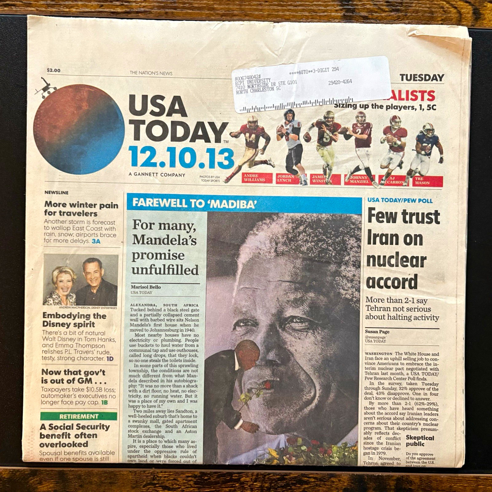 USA TODAY Newspaper Front Page 12.10.13 Farewell to \'Madiba\' Nelson Mandela