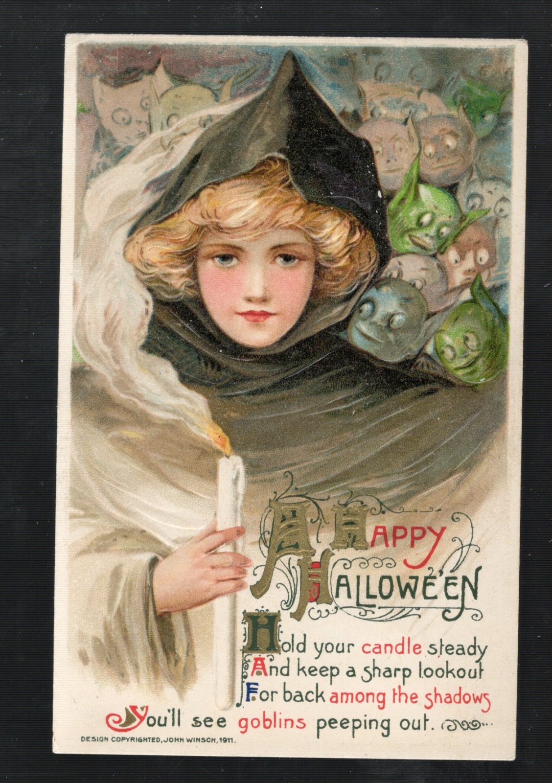 H606 Halloween Antique Postcard Winsch Schmucker Goblins Girl Candle Hood H606 Halloween Antique Postcard Winsch Schmucker Goblins Girl Candle Hood