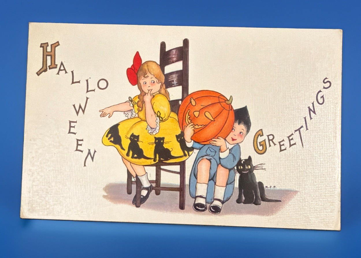 Antique Stecher Halloween Postcard Series 400 C Girl Cat Jack O Lantern Unused