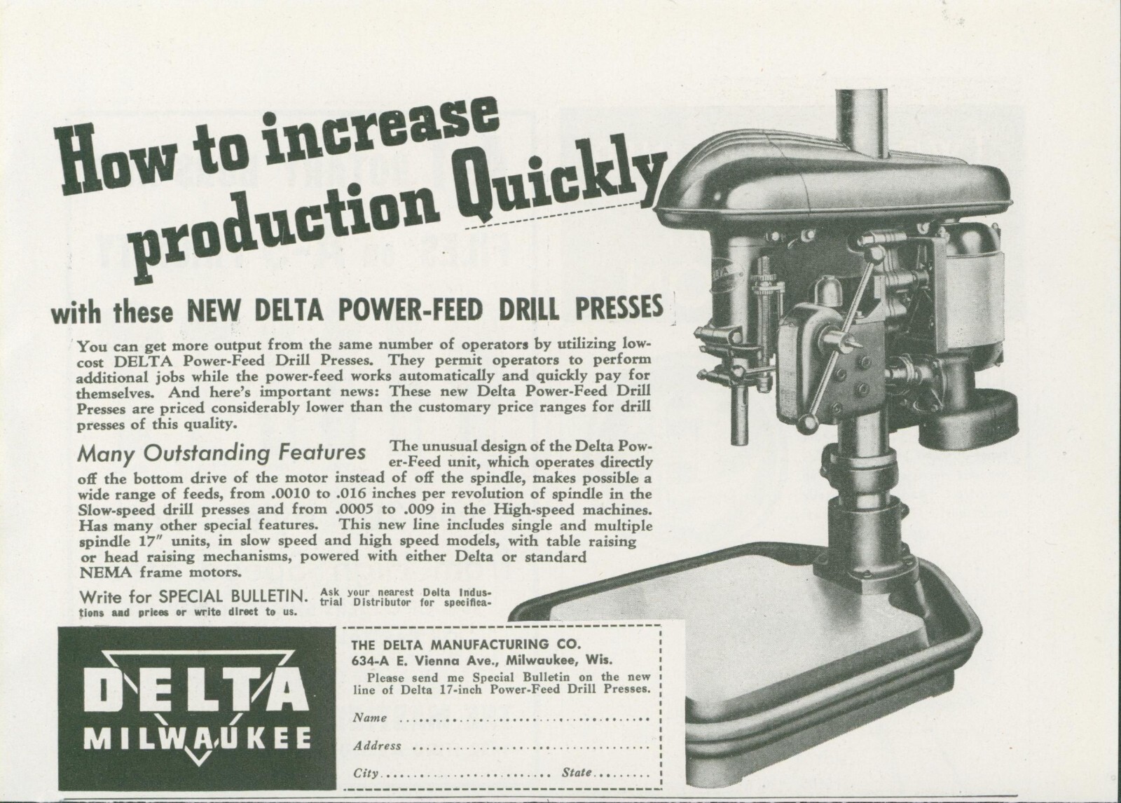 1943 WWII Delta Power Feed Drill Presses Increase Production Quickly NEMA Ad AD1
