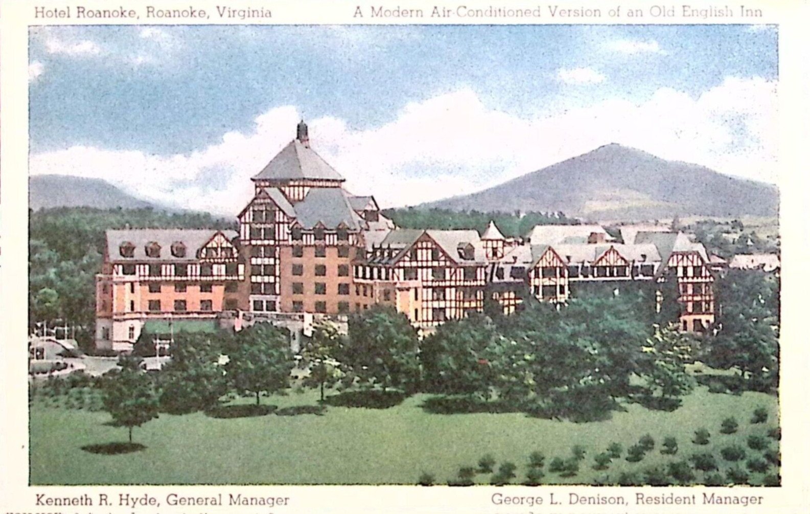 c1940s Vintage Hotel Roanoke Air-Conditioned English Style Inn Luggage Label c1940s Vintage Hotel Roanoke Air-Conditioned English Style Inn Luggage Label