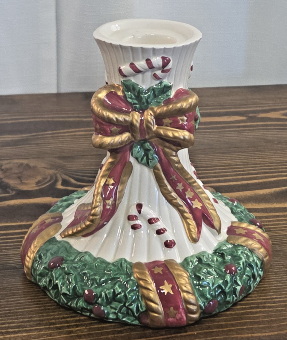 Vtg Fitz and Floyd Essentials Christmas Candle Holder Wreath Ribbon Candy Cane