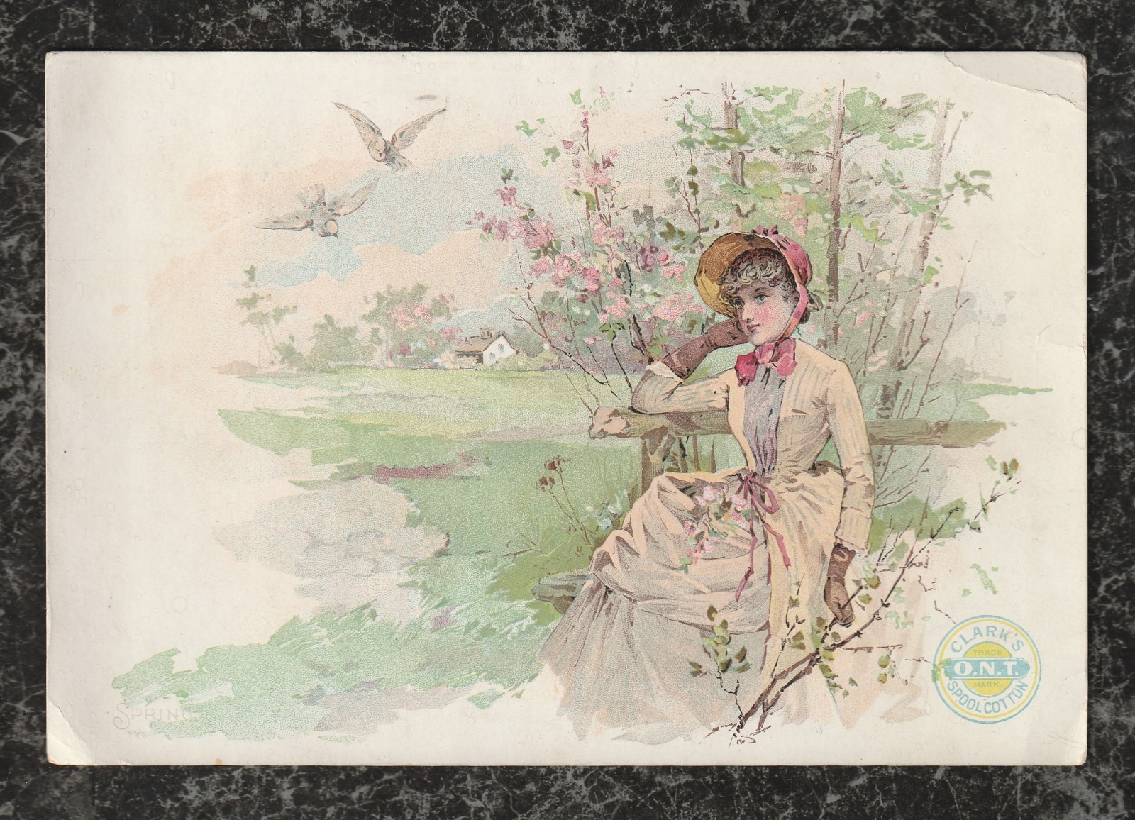 Large Victorian Trade Card Clark\'s ONT Thread Woman Outdoors in Spring 7.25 x 5 Large Victorian Trade Card Clark\'s ONT Thread Woman Outdoors in Spring 7.25 x 5