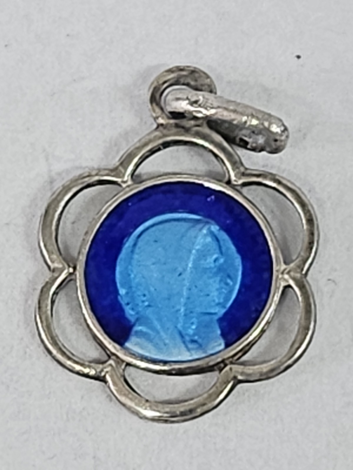 Vintage Catholic Blue Enamel Religious Medal Our Lady of Lourdes Sterling 
