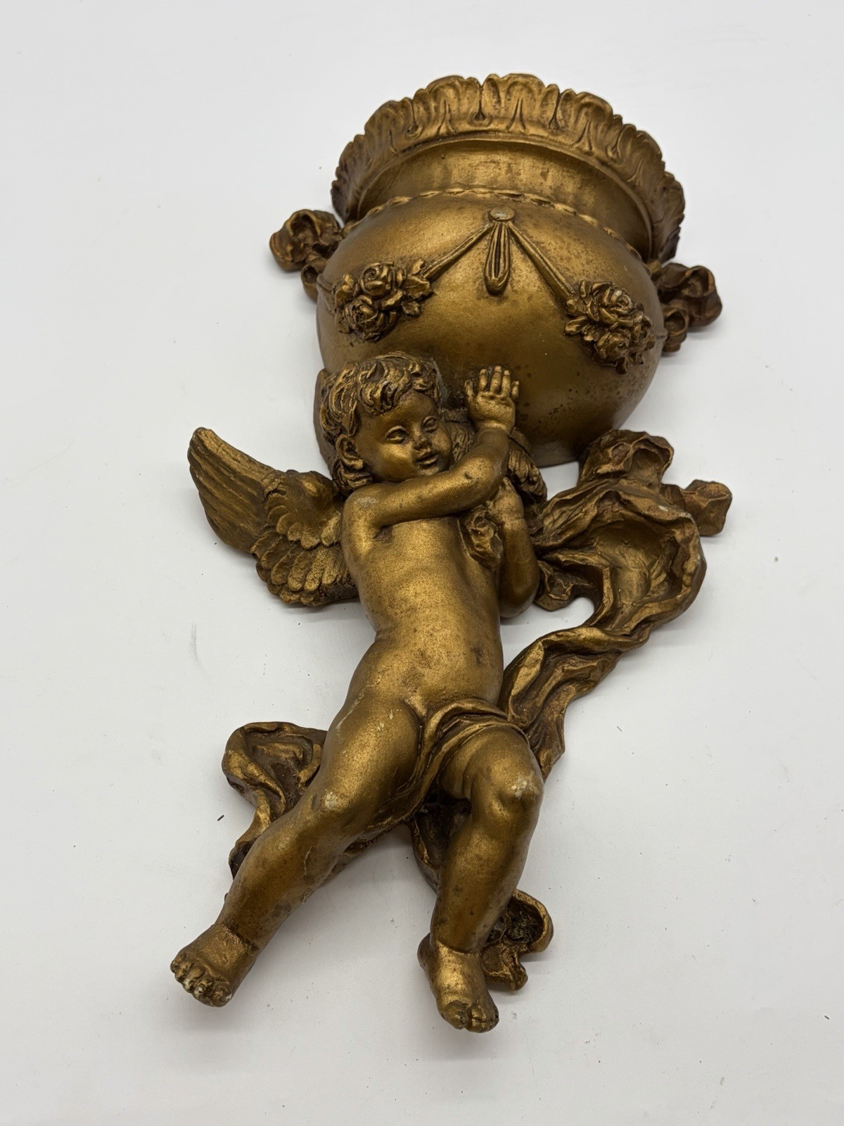 Vtg Angel Cherub Roses Victorian Gold Wall Pocket Planter Resin 14.5\ Vtg Angel Cherub Roses Victorian Gold Wall Pocket Planter Resin 14.5\