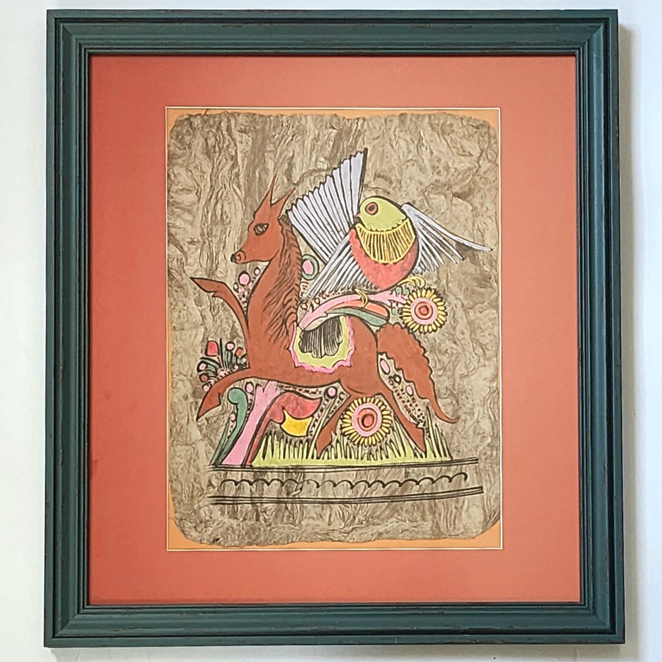 Vintage Mexican Folk Art Amate Bark Painting Framed Deer & Bird Otomi/Nahua MCM