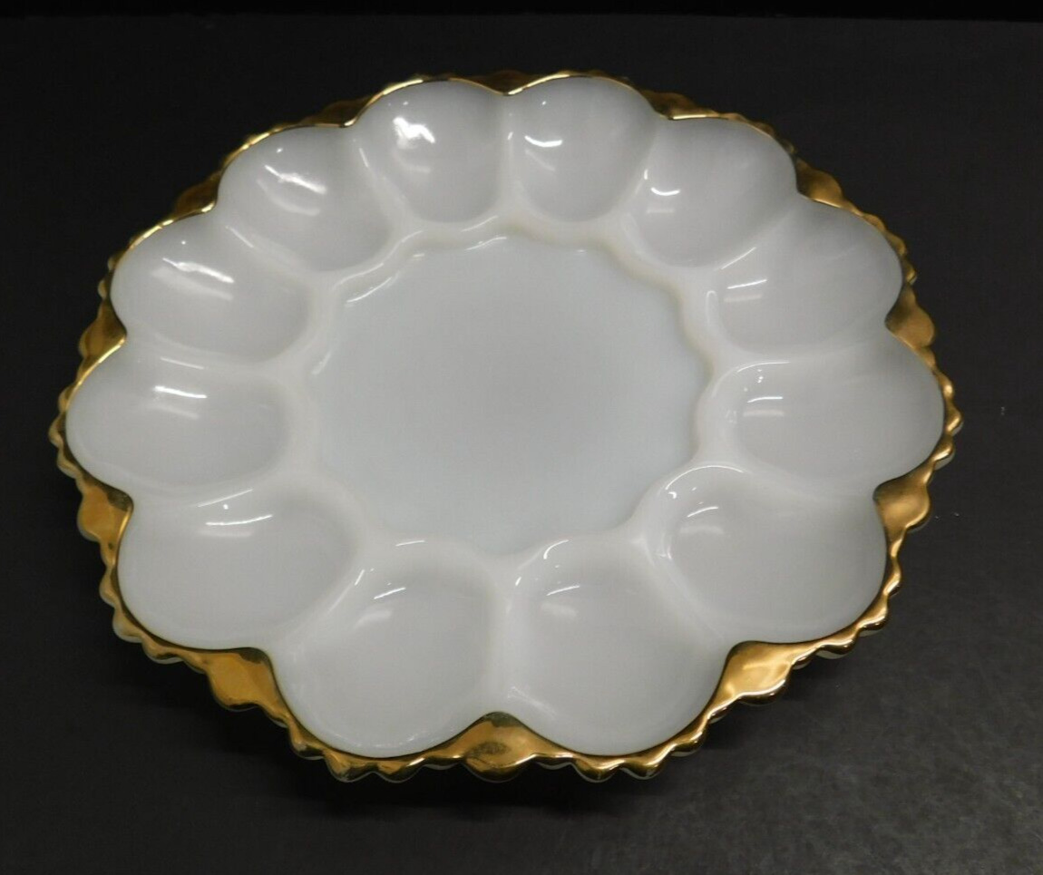 Vintage Deviled Egg Plate White Milk Glass Serving Dish w/ Gold Trim 10” Wide