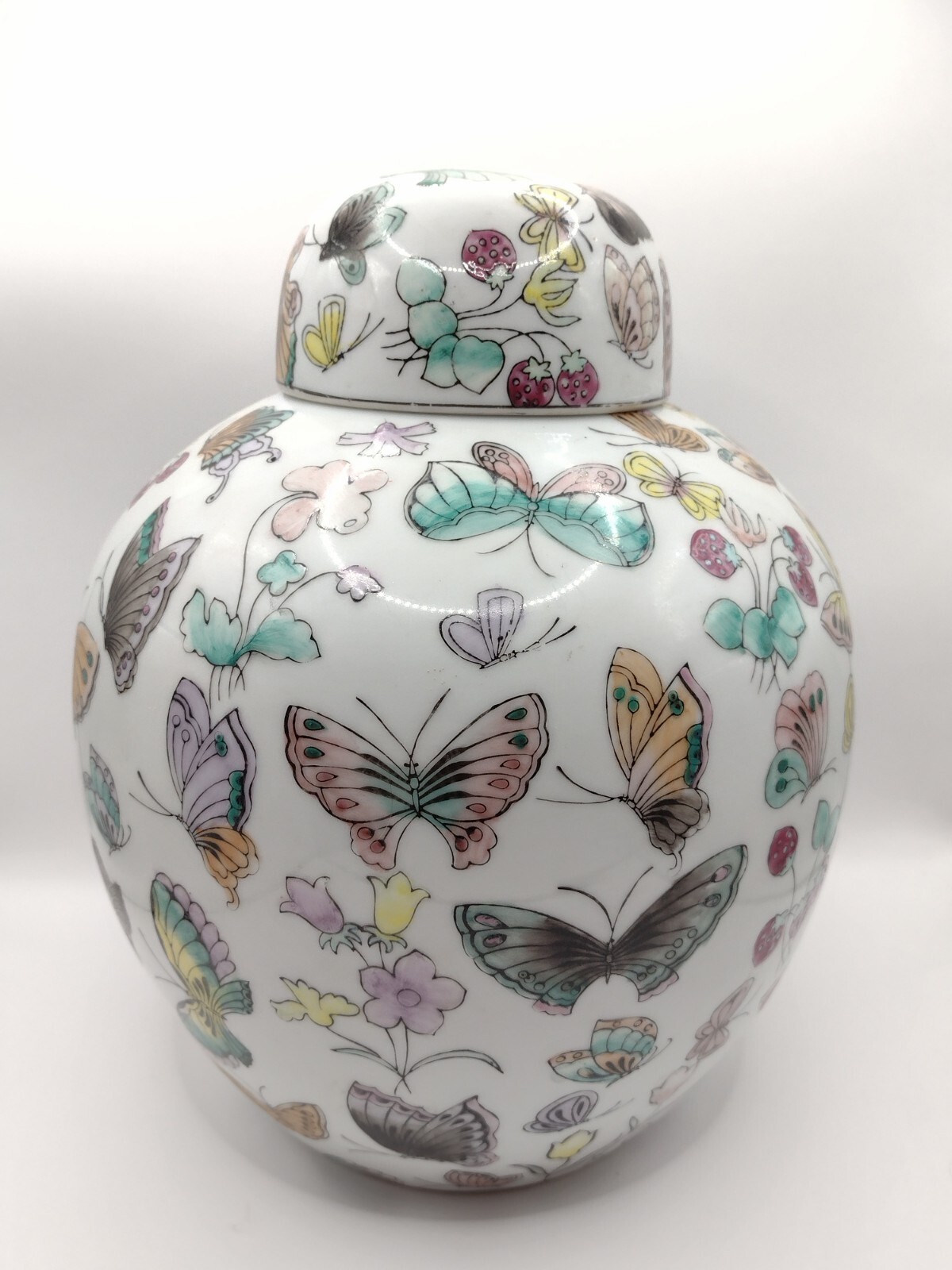 Vintage Ceramic Butterfly and Berry Motif Ginger Jar 8x10 Vintage Ceramic Butterfly and Berry Motif Ginger Jar 8x10