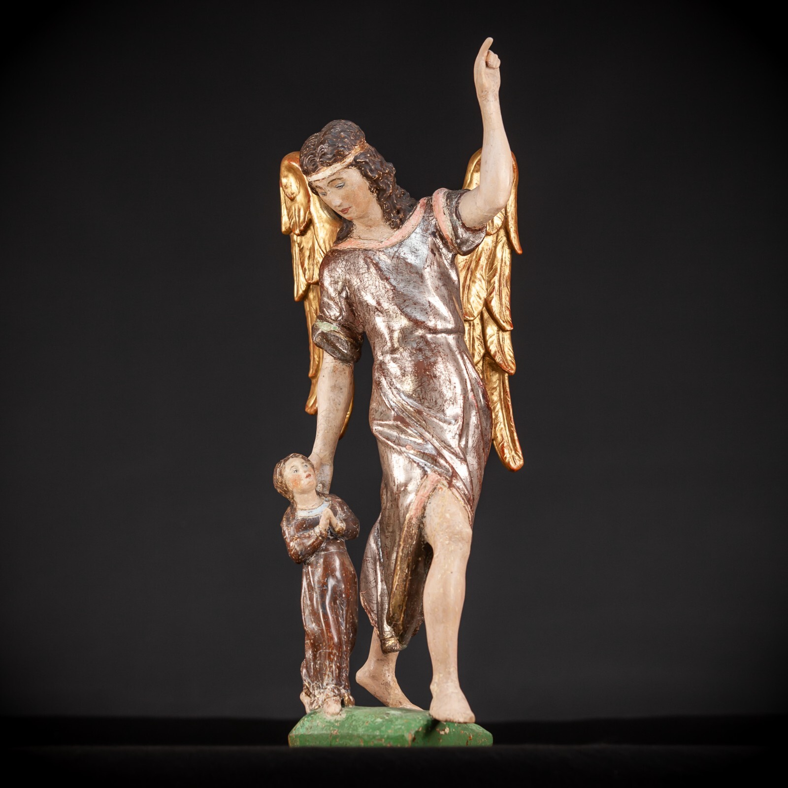St Raphael The Archangel w Tobias Wooden Sculpture | Antique Wood Statue 20.5”_