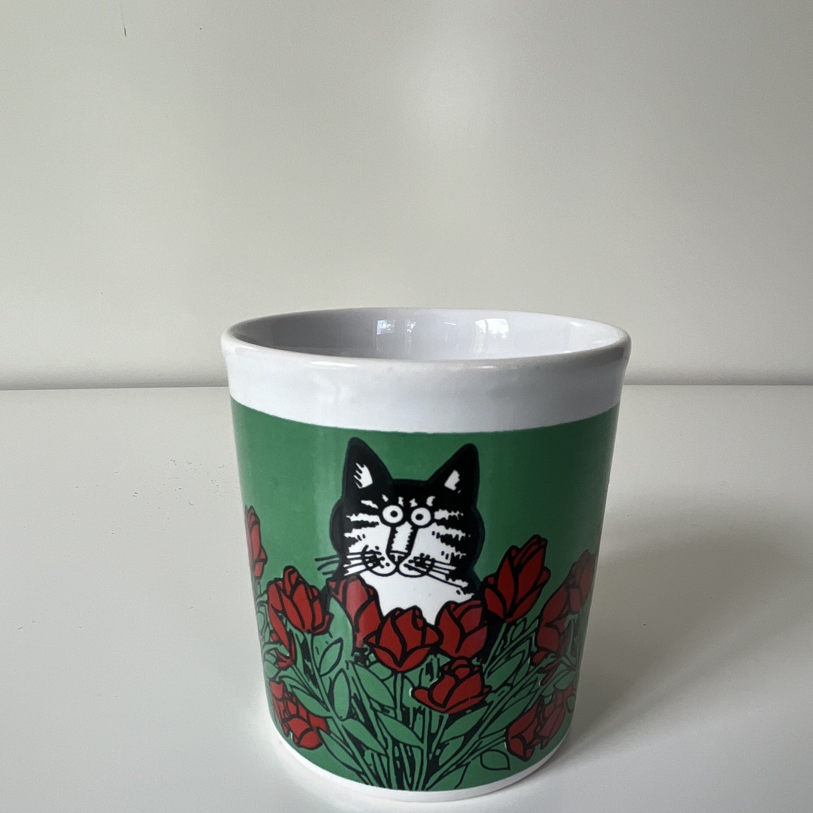 VTG Kiln Craft Ceramic Cat Mug Green Floral Pattern Made in England