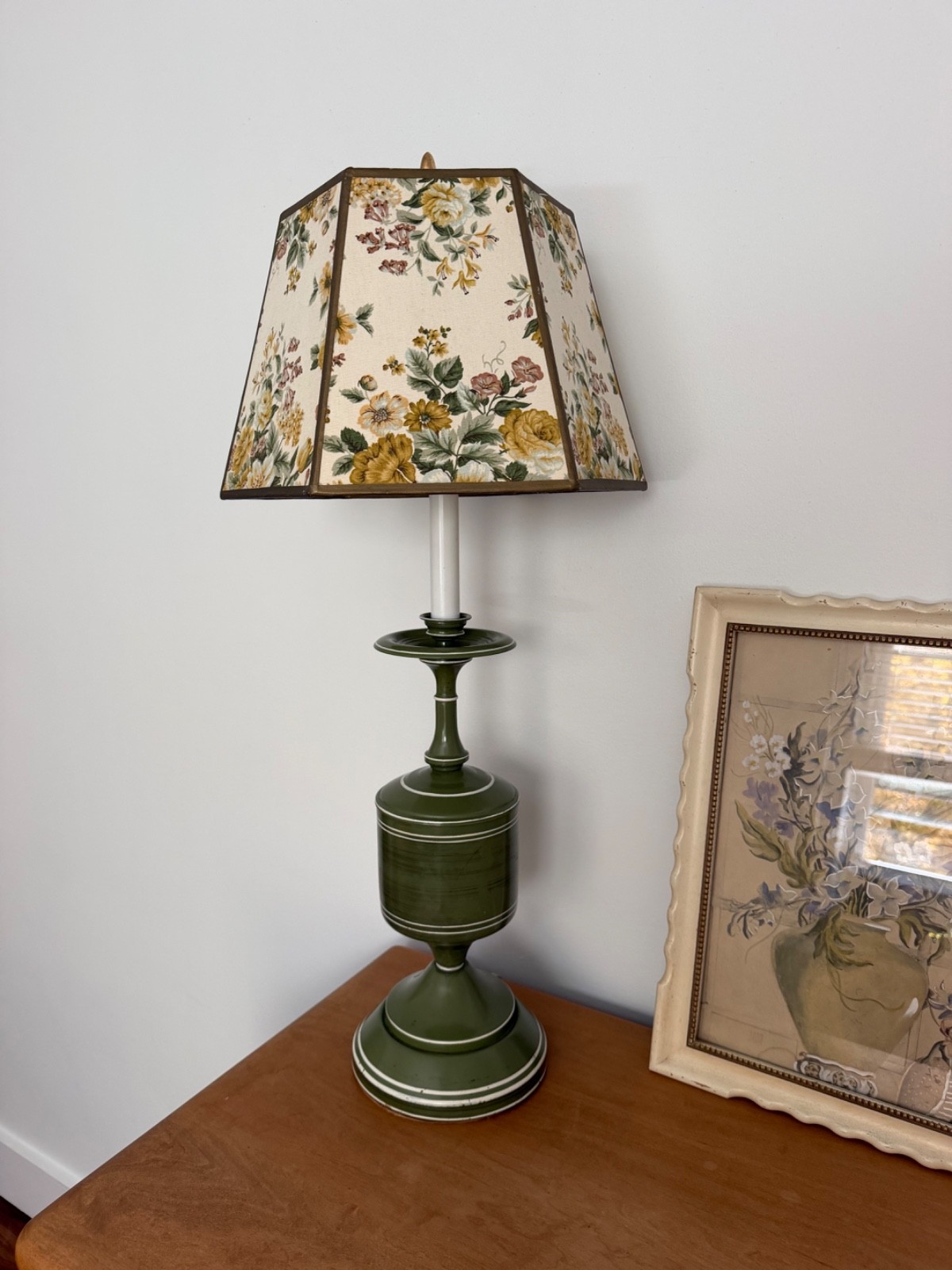 vintage olive green toleware candlestick lamp with floral shade tole lamp