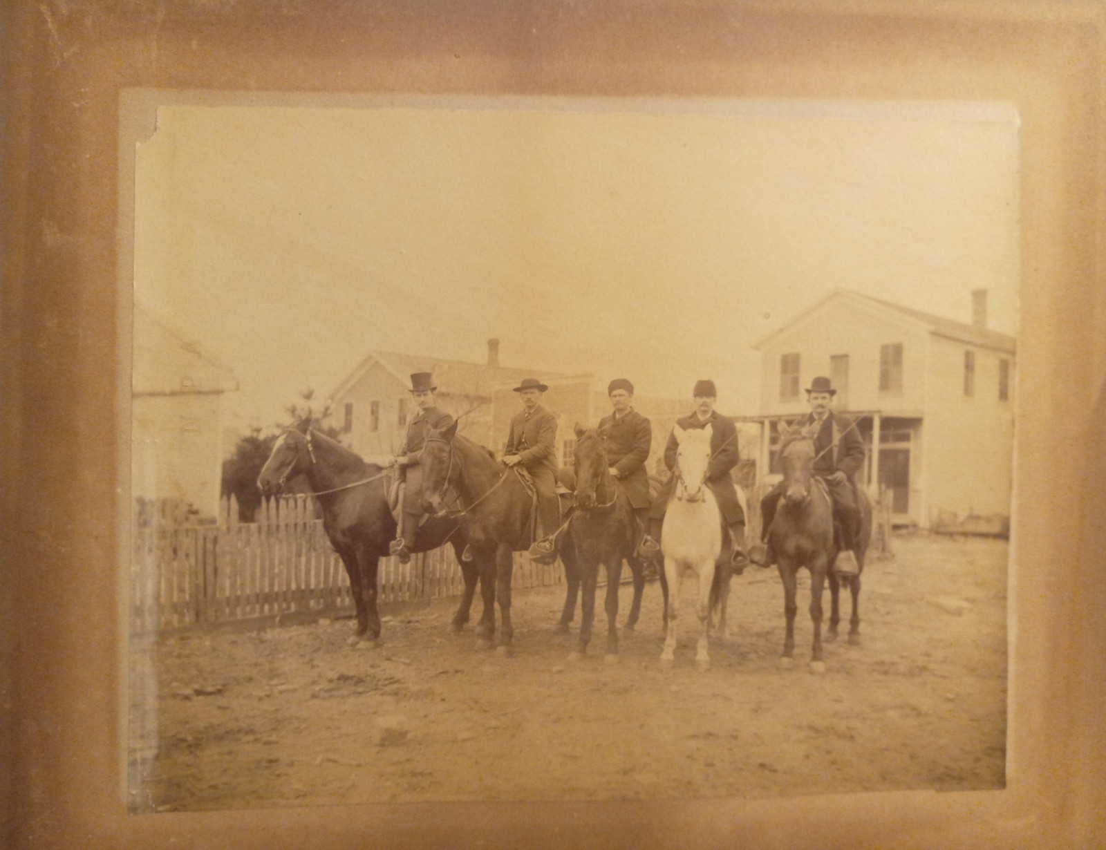 Large c.1890s Cabinet Card Photo of Five Horsemen on Horseback in Rural Town Str