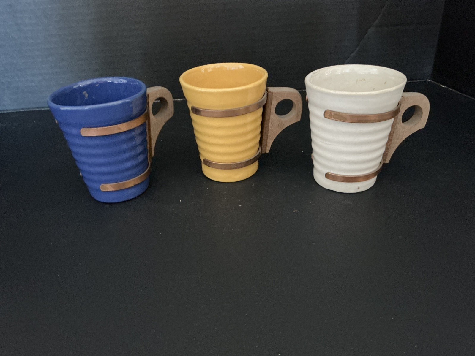 3 Vintage BAUER Pottery Ringware 6 oz tumbler wood & copper handles Cobalt Blue 3 Vintage BAUER Pottery Ringware 6 oz tumbler wood & copper handles Cobalt Blue