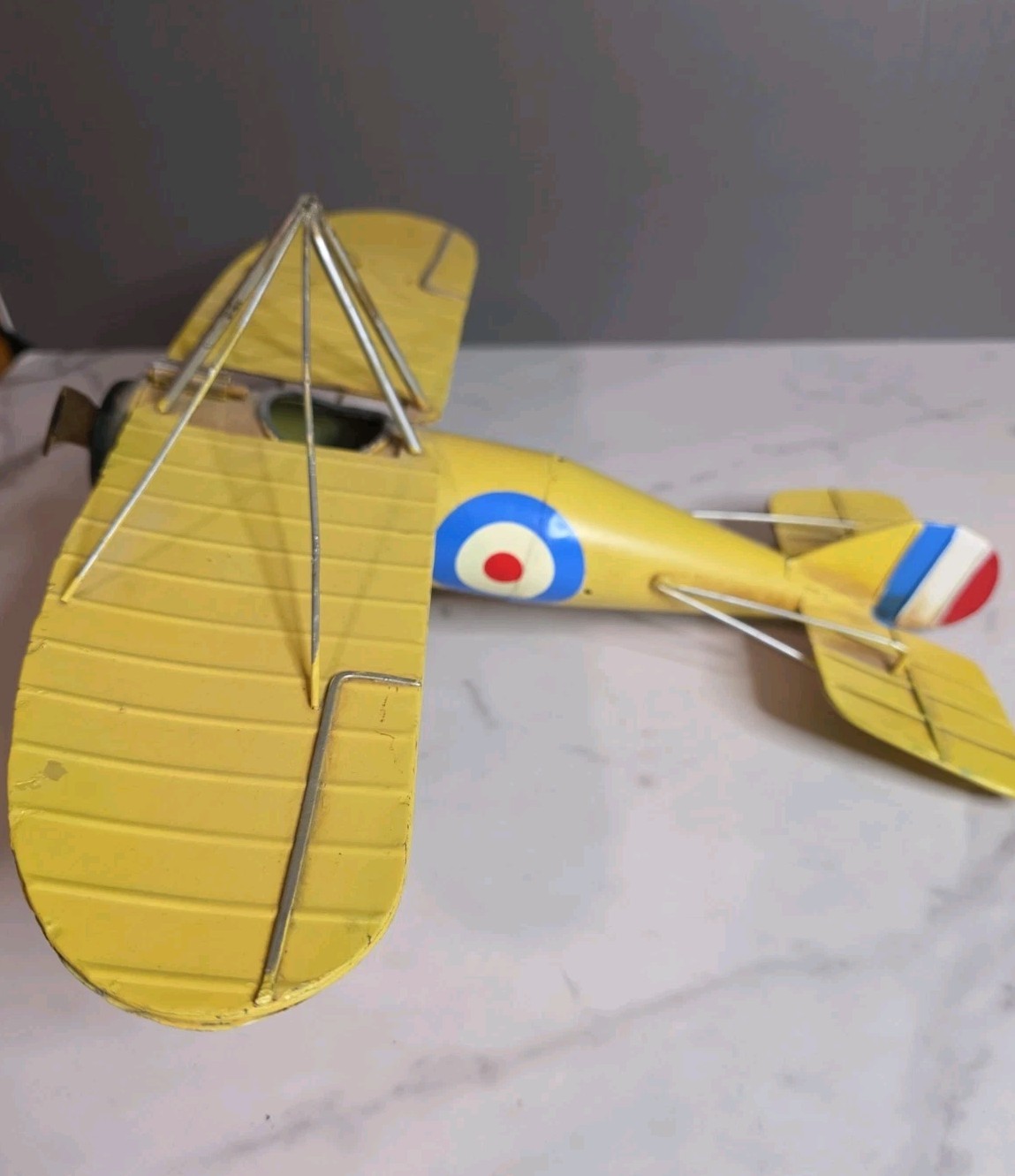 Vintage British Biplane Military Aircraft Desk Model Yellow with RAF Roundel