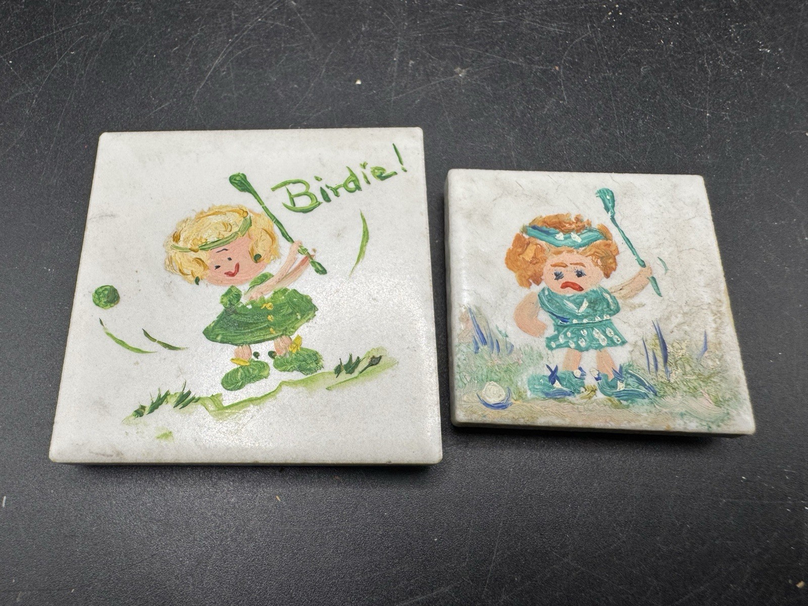 Vintage Hand Painted Ceramic Golf Art Tiles Humorous Kitsch Set of 2 