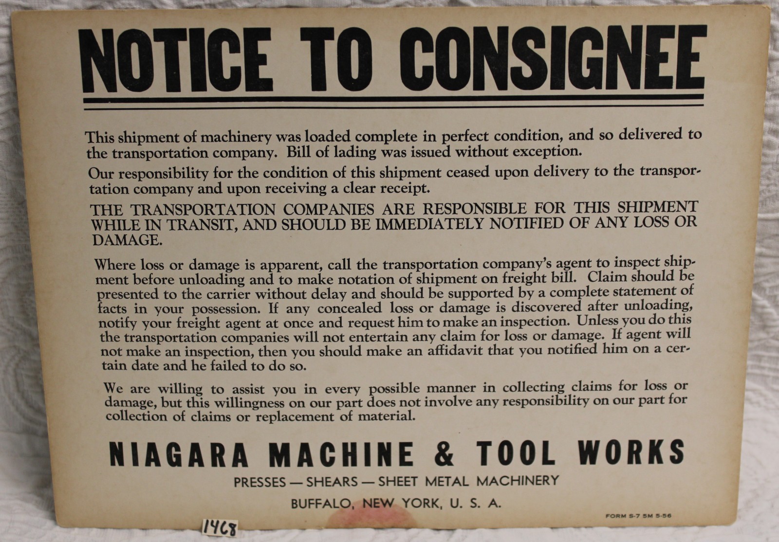 Original 1956 NIAGARA MACHINE & TOOL WORKS Card Stock Shipping Notice SHIPS FREE
