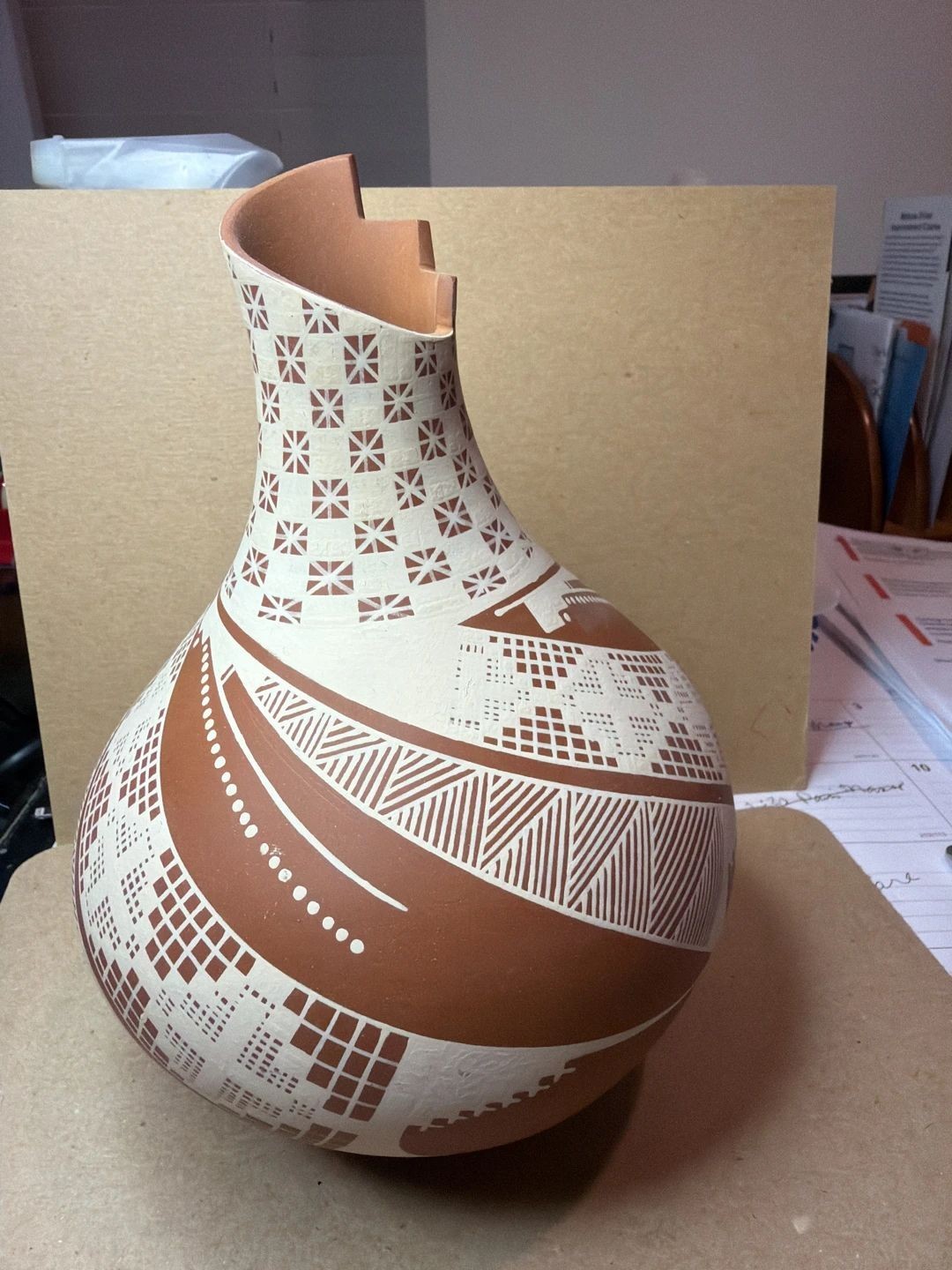 Vintage Mata Ortiz Hand-Painted Geometric Pottery Pot with Cutout Rim Vintage Mata Ortiz Hand-Painted Geometric Pottery Pot with Cutout Rim