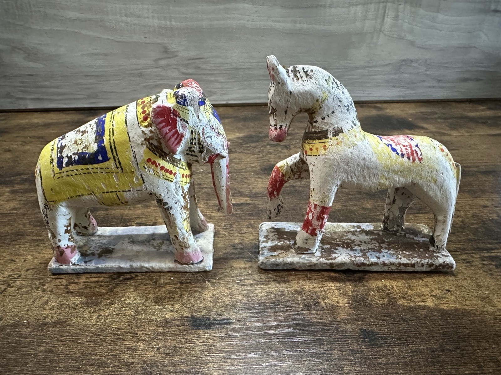 Vintage Hand Carved Painted Elephant & Horse Folk Art Figures India Lot 2 Vintage Hand Carved Painted Elephant & Horse Folk Art Figures India Lot 2