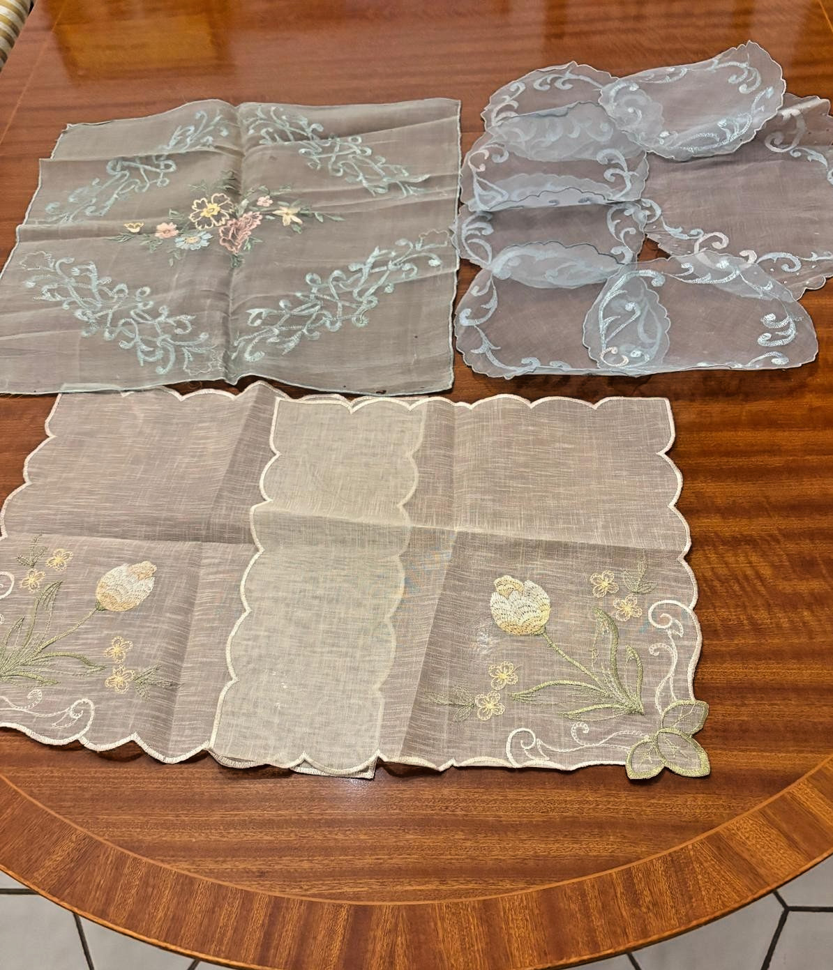 Vintage 10 small pieces Madeira  Embroidered Organza various size place mats