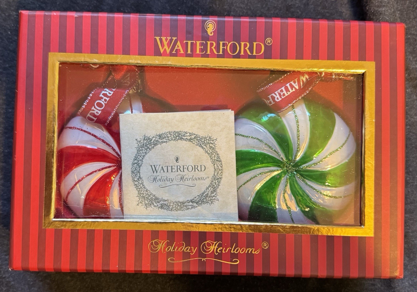 Waterford Holiday Heirlooms 2 Round Candies Ornaments Red Green Peppermint 2009