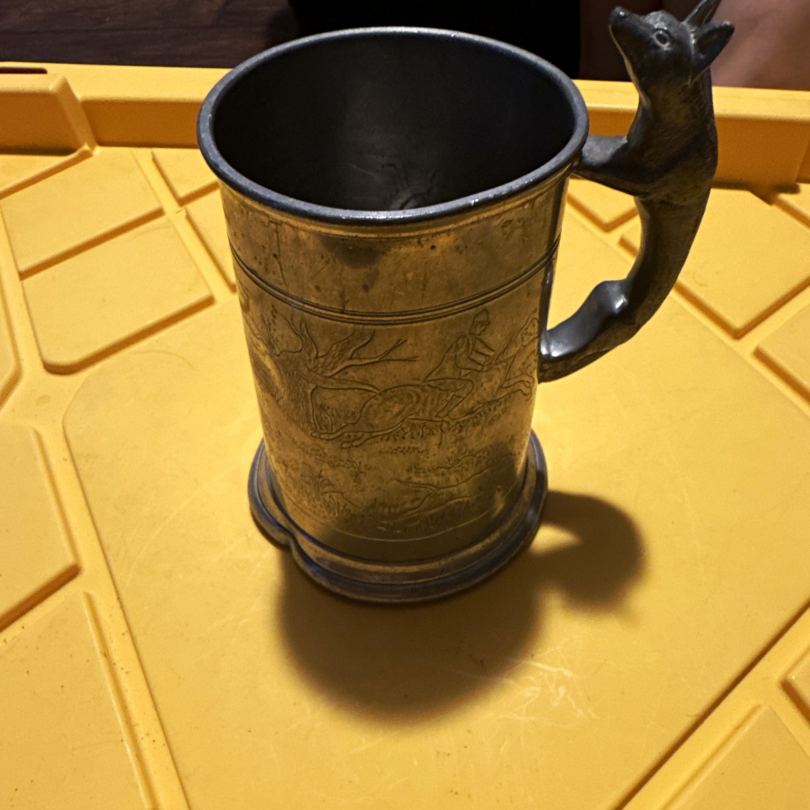 Sheffield England Pewter Beer Mug Tankard Fox Handle Embossed Hunting Scene