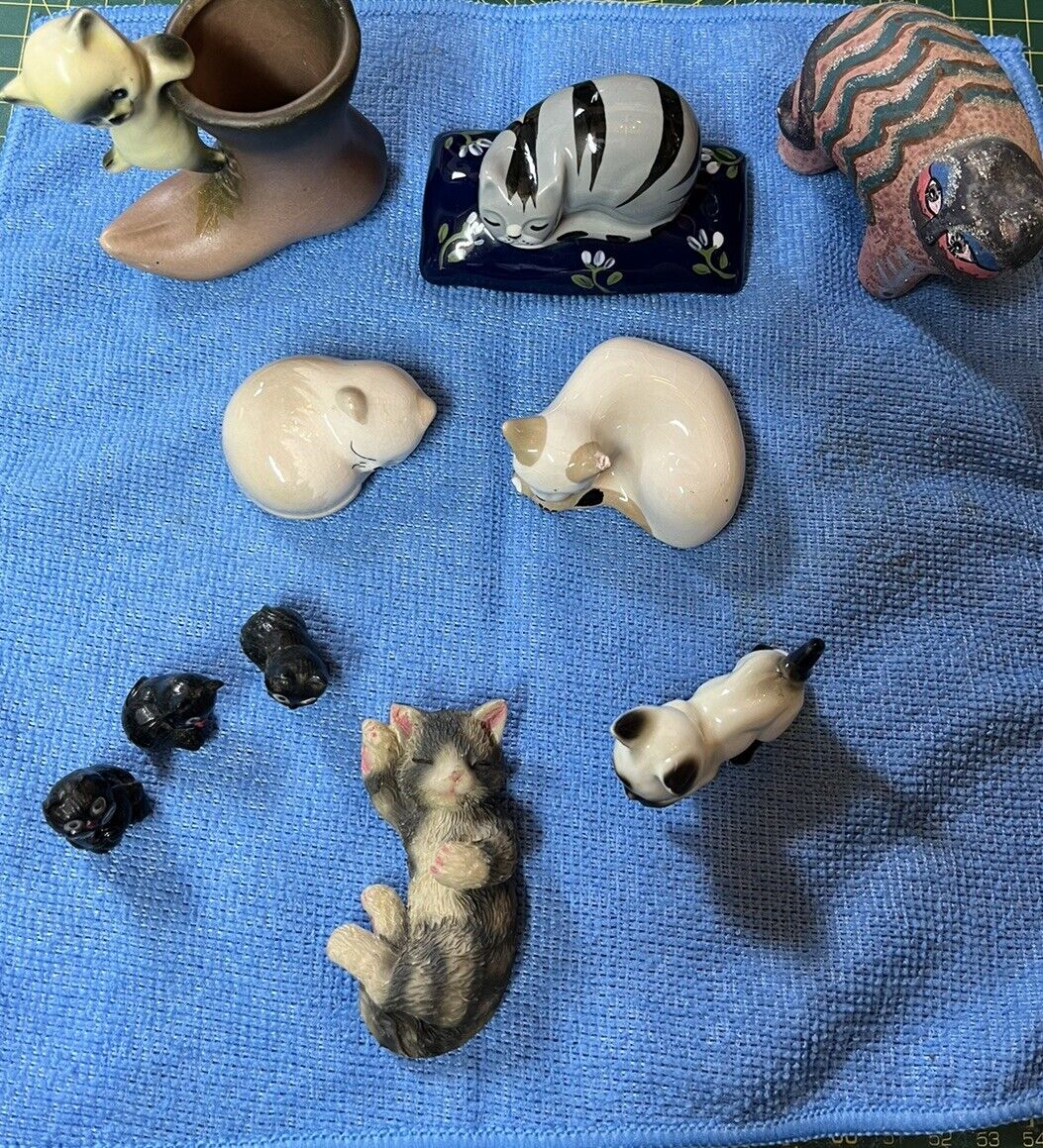 Job Lot Of Cute Cats - 10 In Total. Some Made Of Plastic, Some Ceramic