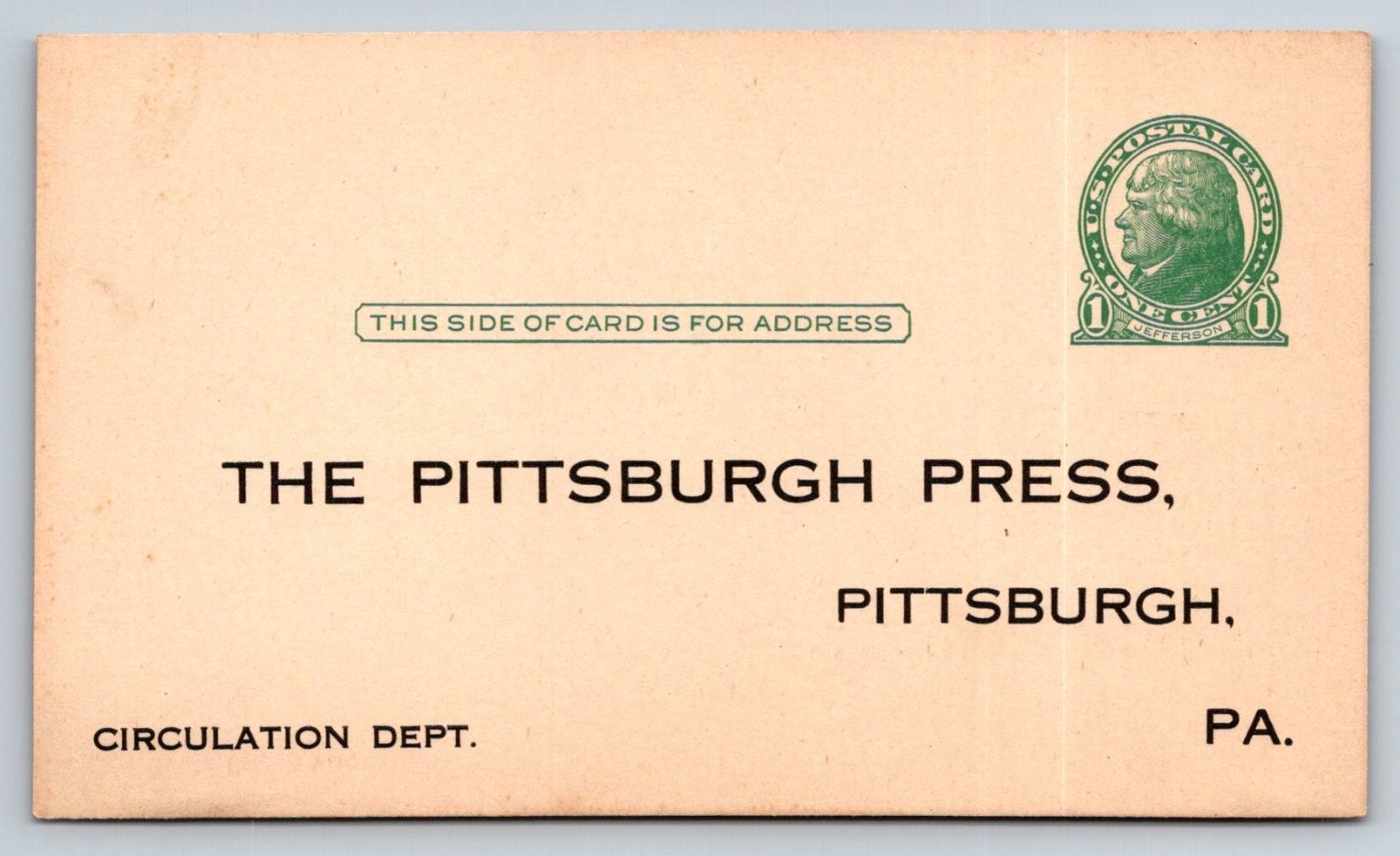 Pittsburgh Press Blank US Postal Card Pre-Stamped Jefferson Early 1900s PA