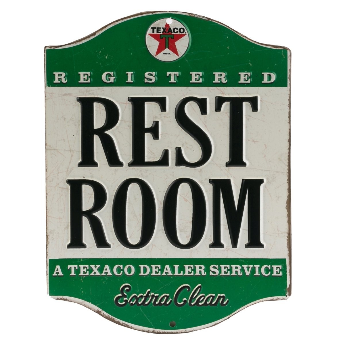Texaco Restroom Embossed Metal Sign - Vintage Small, Green Texaco Restroom Embossed Metal Sign - Vintage Small, Green