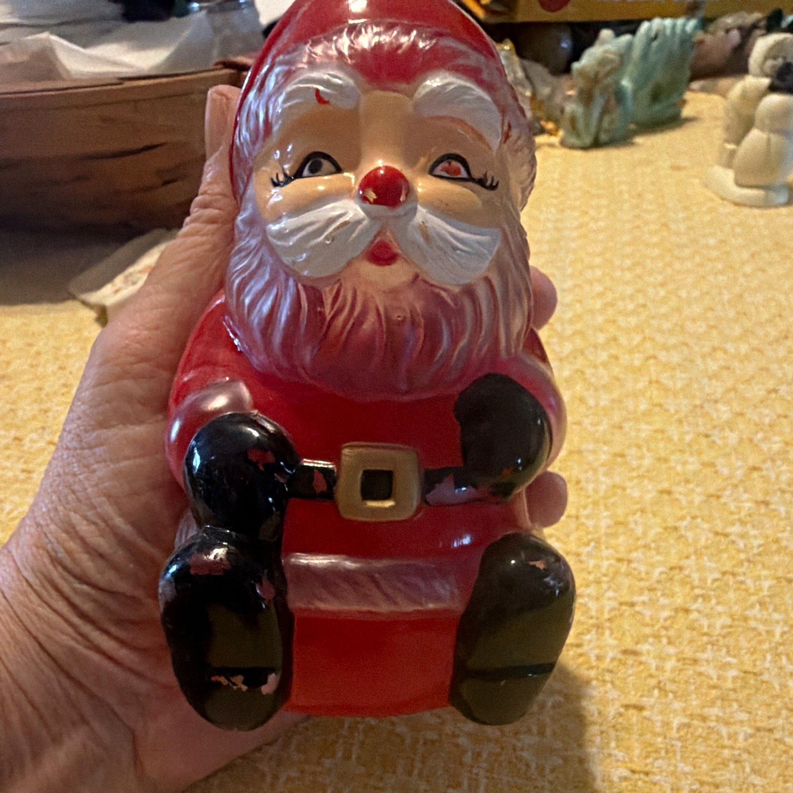 Vintage Blow Mold Santa Claus Figurine, Painted Plastic, Red White Black