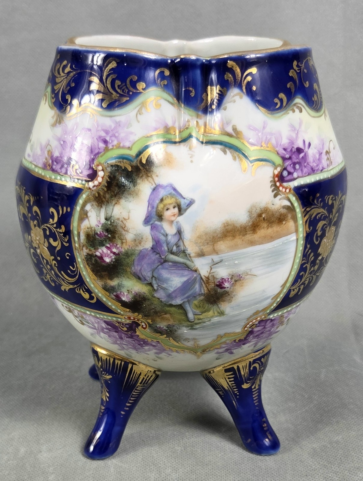 Vintage SEVRES STYLE Hand Painted COBALT Crimped PEDESTAL Porcelain VASE