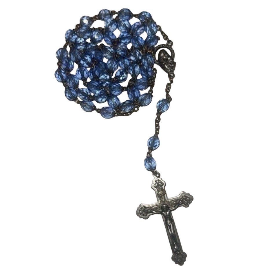 Vintage 1950s Chapel Silver Blue Crystal Beaded Rosary Crucifix Cross Mary 36” Vintage 1950s Chapel Silver Blue Crystal Beaded Rosary Crucifix Cross Mary 36”