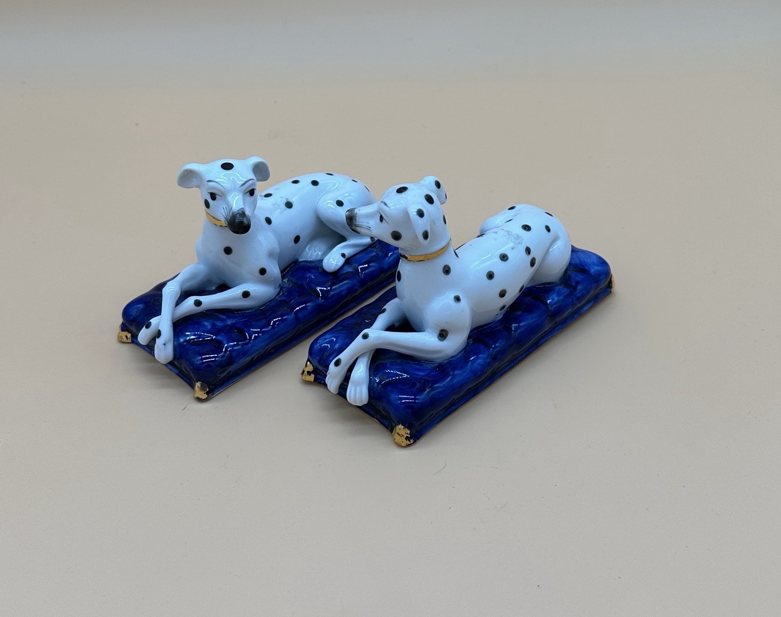 Vintage Staffordshire Style Porcelain Dalmatian Dog Figurines Pair Blue Cushions