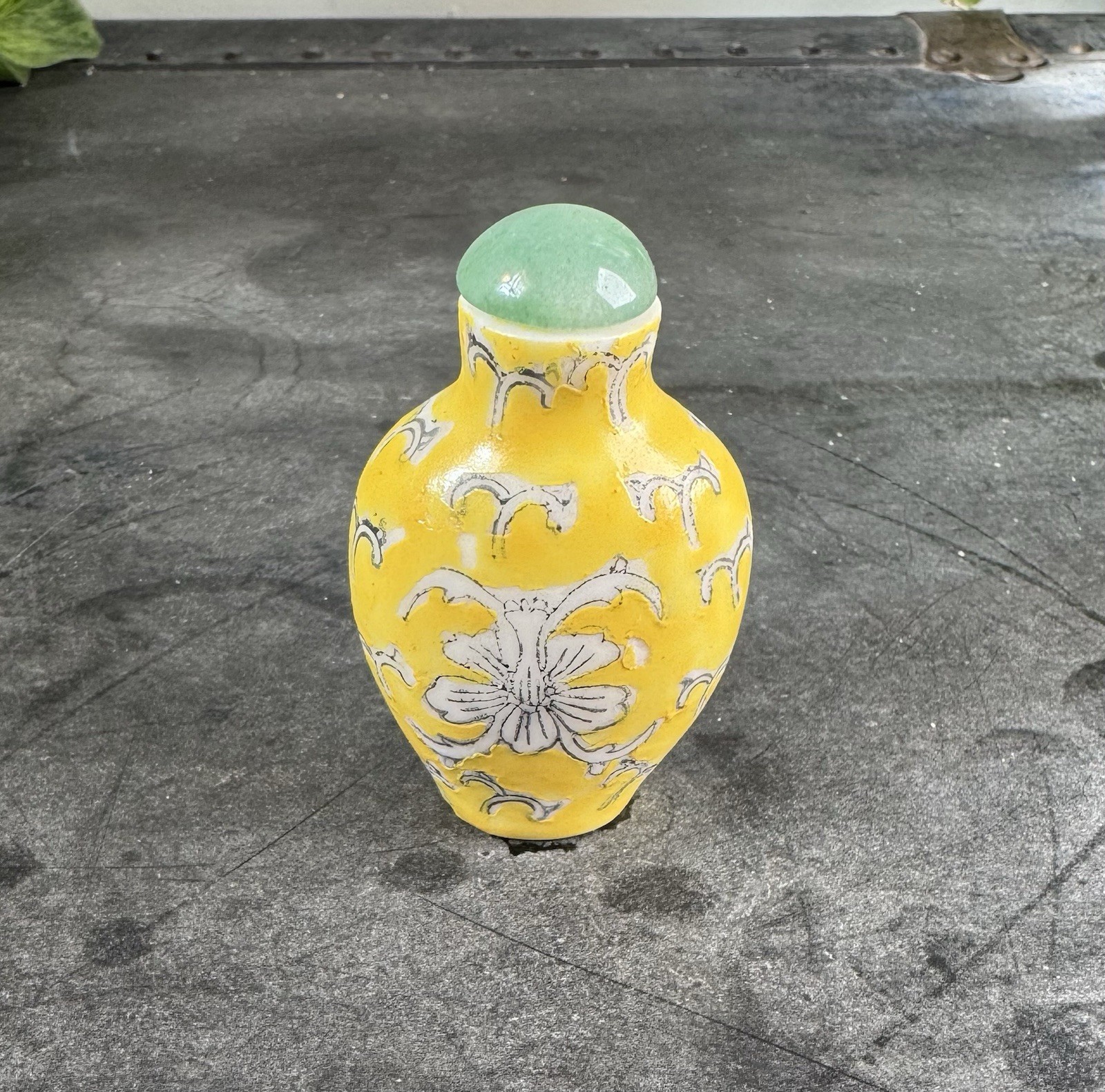VTG 70s Chinese Enameled Glass Snuff Bottle Yellow Lotus Flower Hong Kong 2.25 VTG 70s Chinese Enameled Glass Snuff Bottle Yellow Lotus Flower Hong Kong 2.25