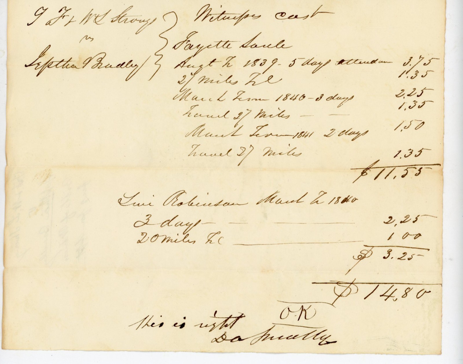 1839-1841 Antique Court Document Manuscript Witness Cost Strong v Bradley 1839-1841 Antique Court Document Manuscript Witness Cost Strong v Bradley