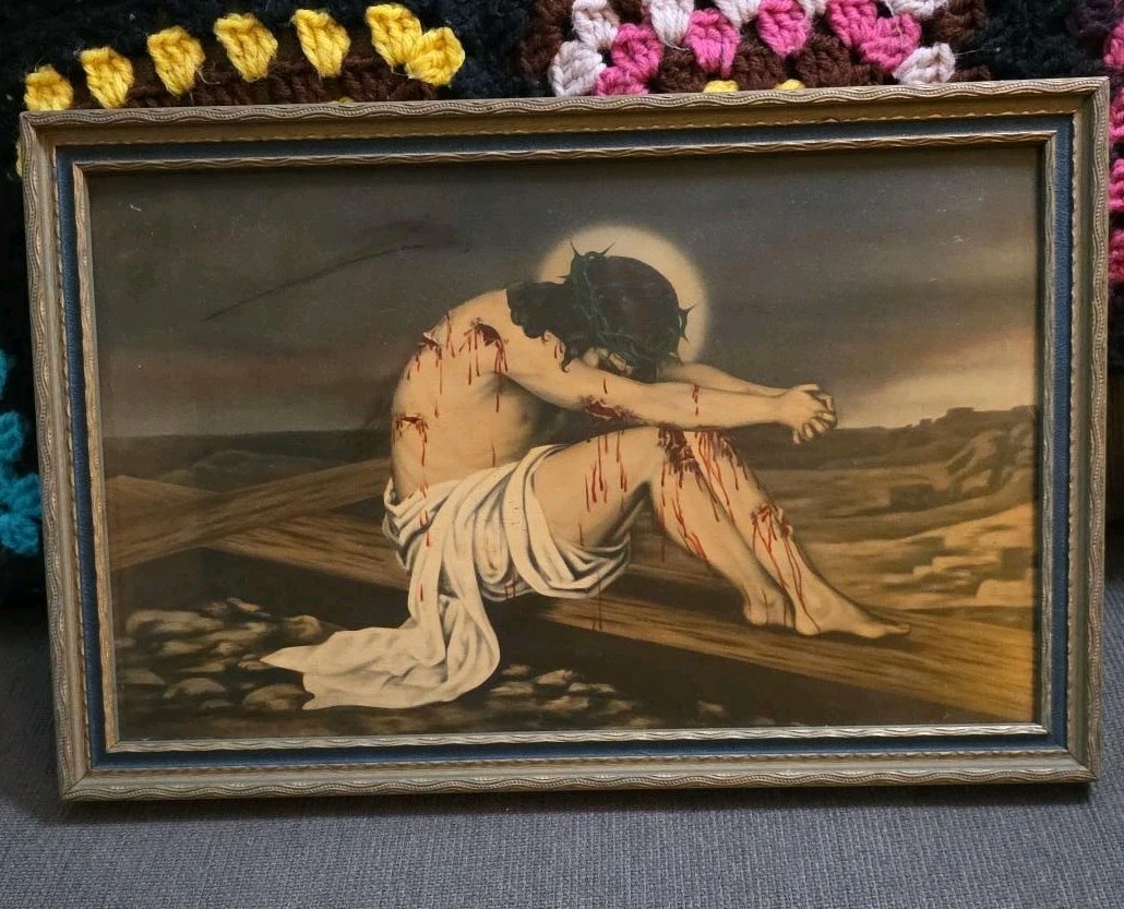 Vintage Jesus Man of Sorrows Crown of Thorns Bloody Passion Religious Print 14\