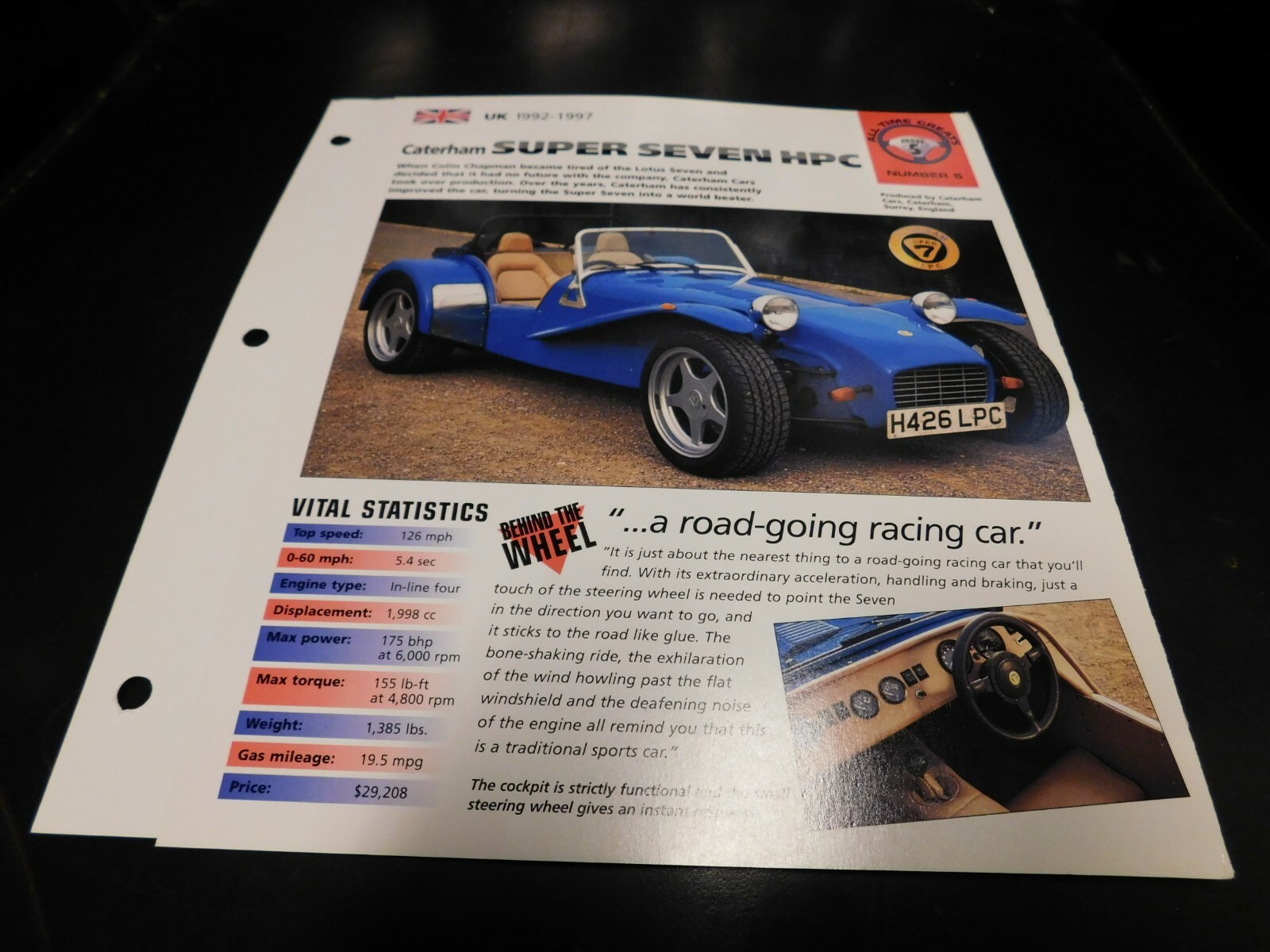1992-1997 Caterham Super Seven HPC Spec Sheet Brochure Photo Poster 1992-1997 Caterham Super Seven HPC Spec Sheet Brochure Photo Poster