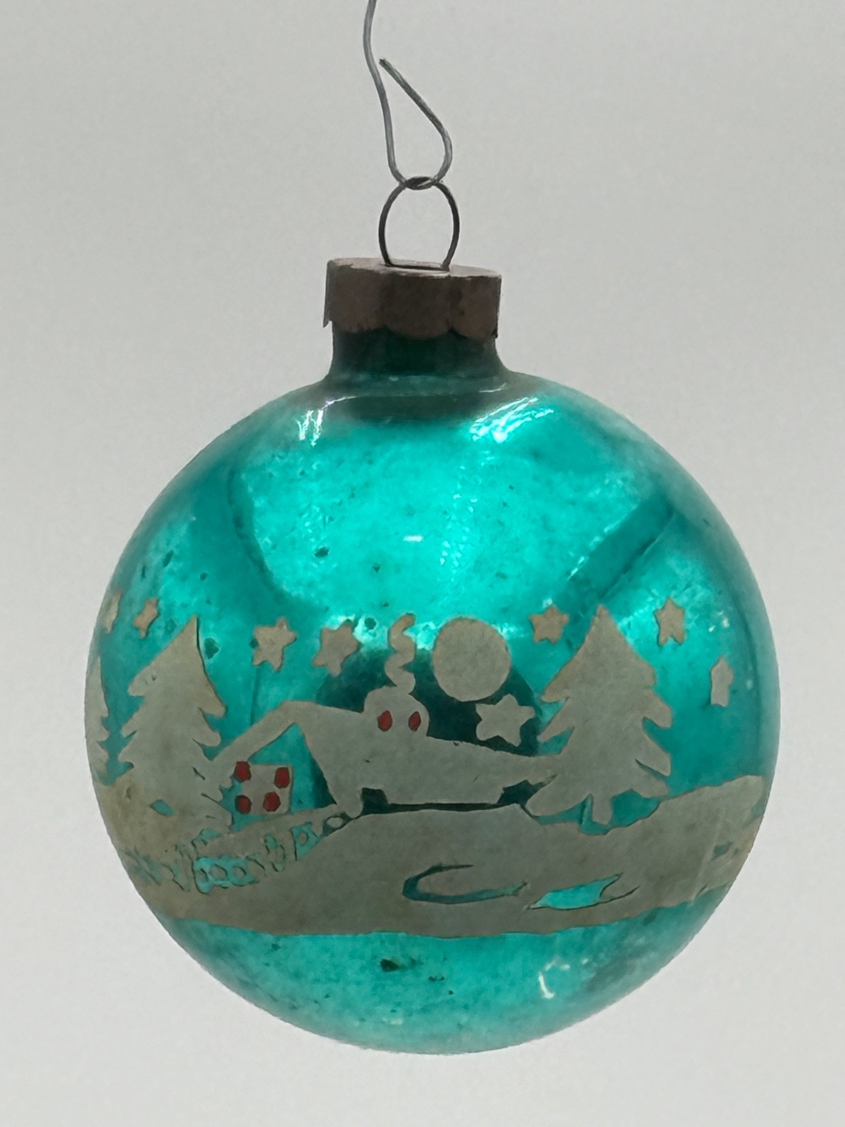 RARE VTG 1930s-40s Aqua Glass Christmas Ornament Snow Village US of A