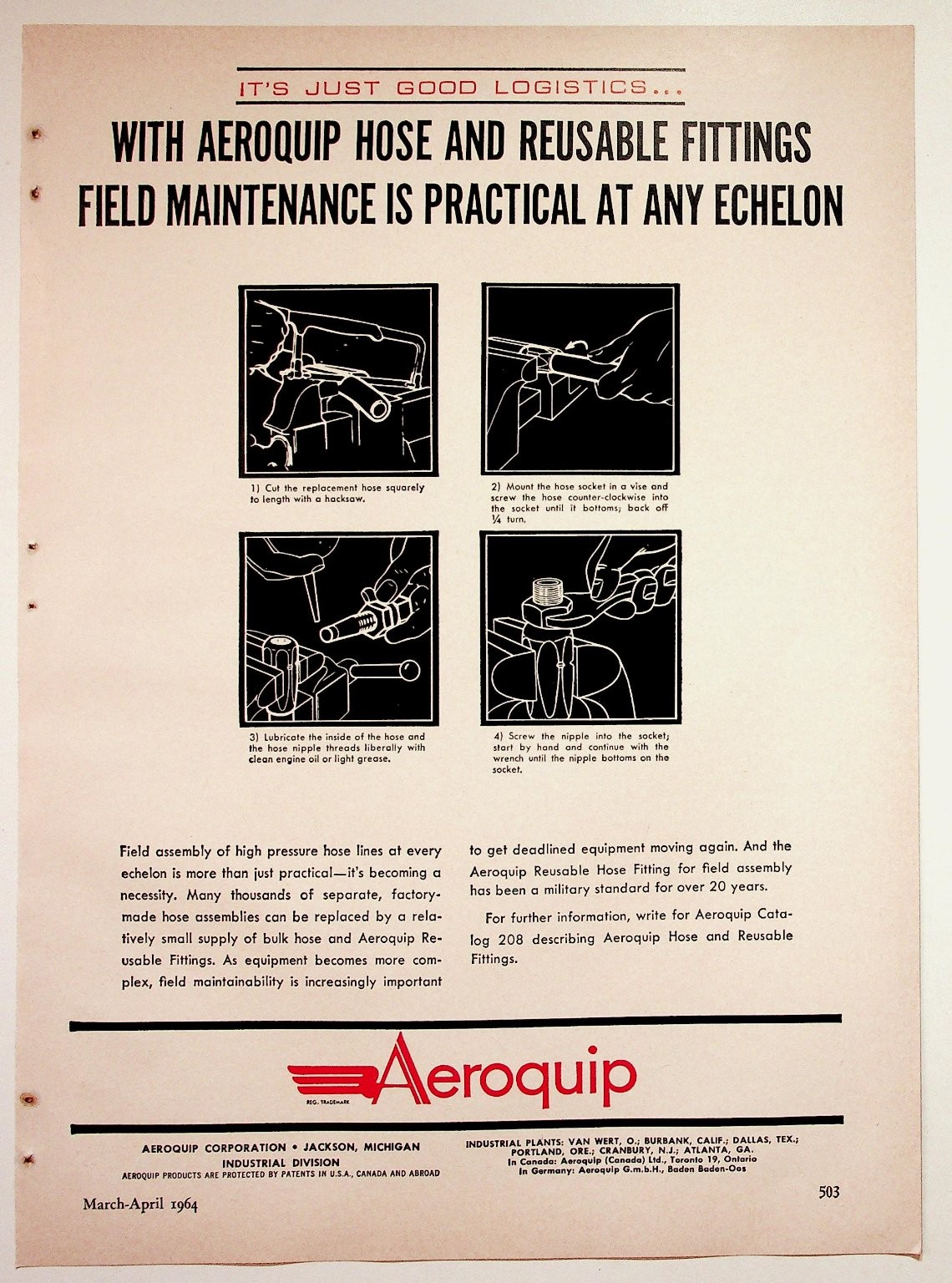 Aeroquip Vintage Magazine Ad Hose Fittings Reusable Full Page Print 1964 Aeroquip Vintage Magazine Ad Hose Fittings Reusable Full Page Print 1964