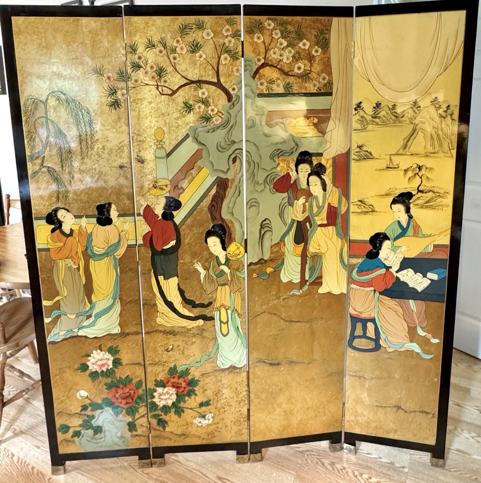 Vintage Chinese Coromandel 4 Panel Folding Screen Room Divider Gold Leaf 71” T