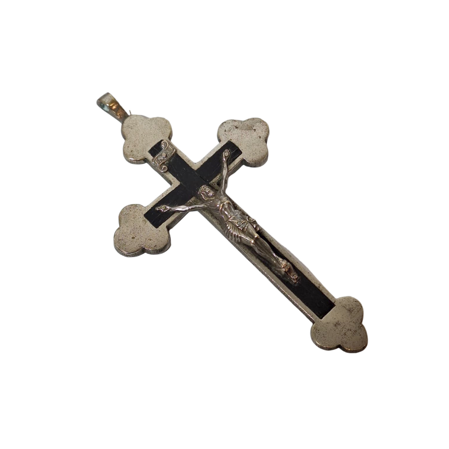 Antique Large Nickel Solid Brass Pectoral Crucifix Cross on Ebony 4 Inch Antique Large Nickel Solid Brass Pectoral Crucifix Cross on Ebony 4 Inch