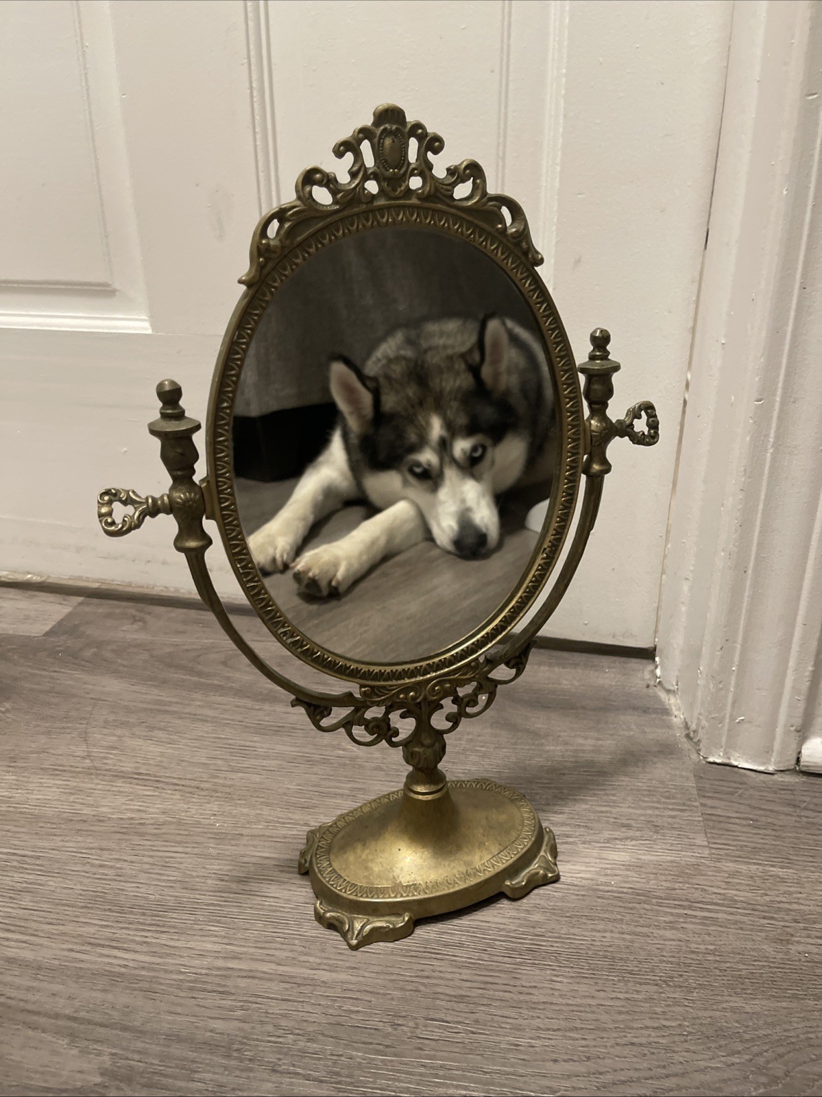 Vintage French Style Brass Tone Swivel Vanity Mirror Rococo Ornate 14.75